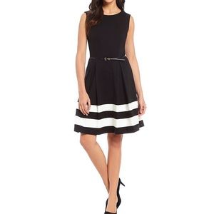 Stripe Hem Sleeveless Belted Fit and Flare Dress